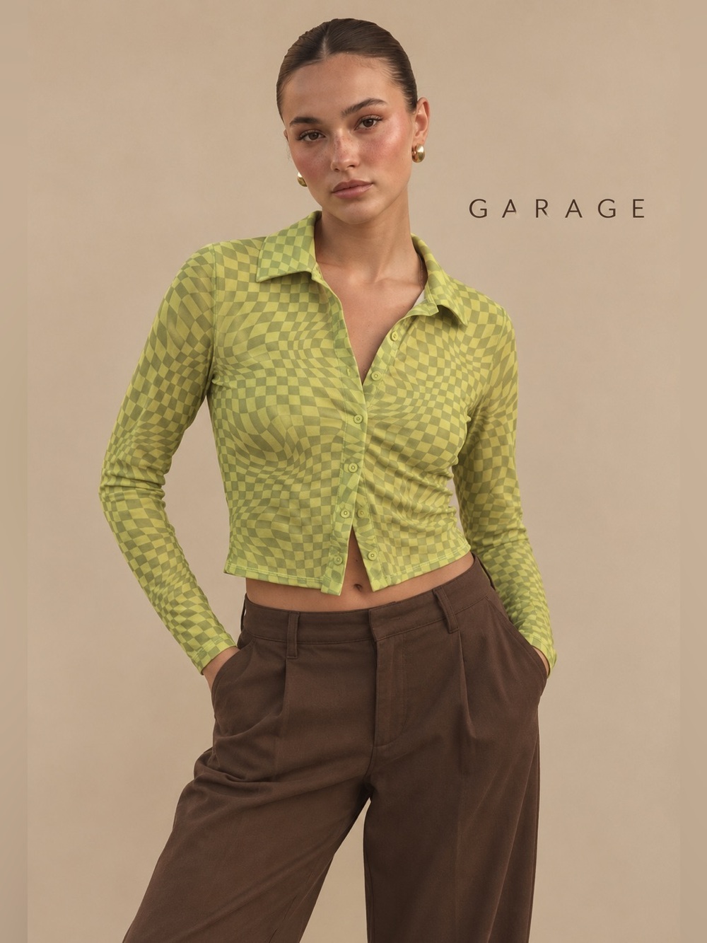 NWT Garage Lime Checkerboard Button-Front mesh Crop Top